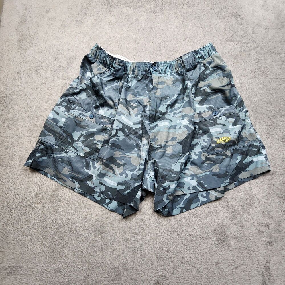 AFTCO Mens 44 Blue Camo Utility Shorts 6 Inseam Polyester Blend Fishing Cargo